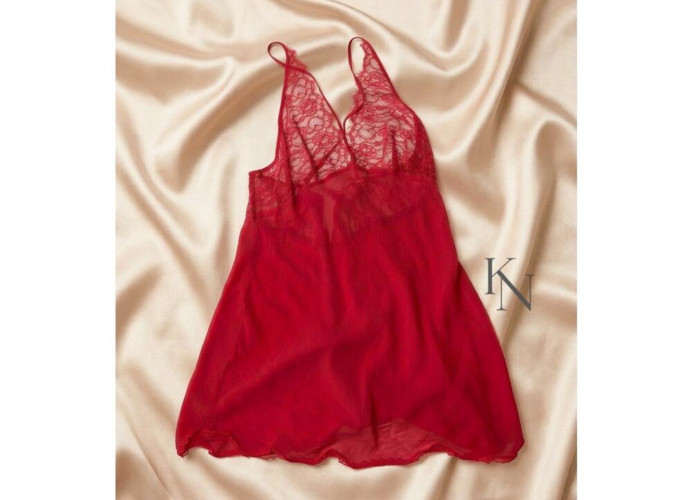 Vintage Victoria’s Secret Red Silk Lace Babydoll Chemise Nightgown Size L